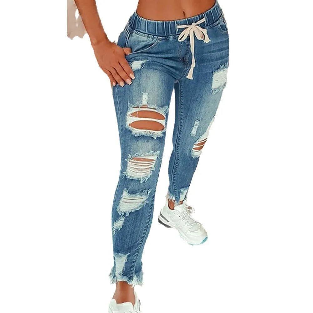 FZ Women's Stretch High Waist Ripped Hole Washed Skinny Pencil Denim Pants - FZwear