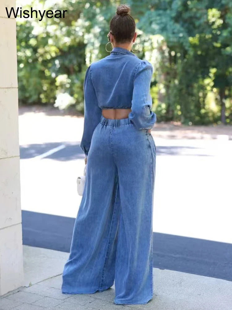 FZ Women's Set Long Sleeve Wide Leg Loose Streetwear 2 Pieces Denim Pants Suit