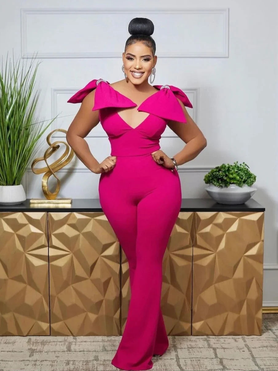 FZ Women's Camisole Bow Patchwork Deep V-neck Backless Wide Leg Jumpsuit