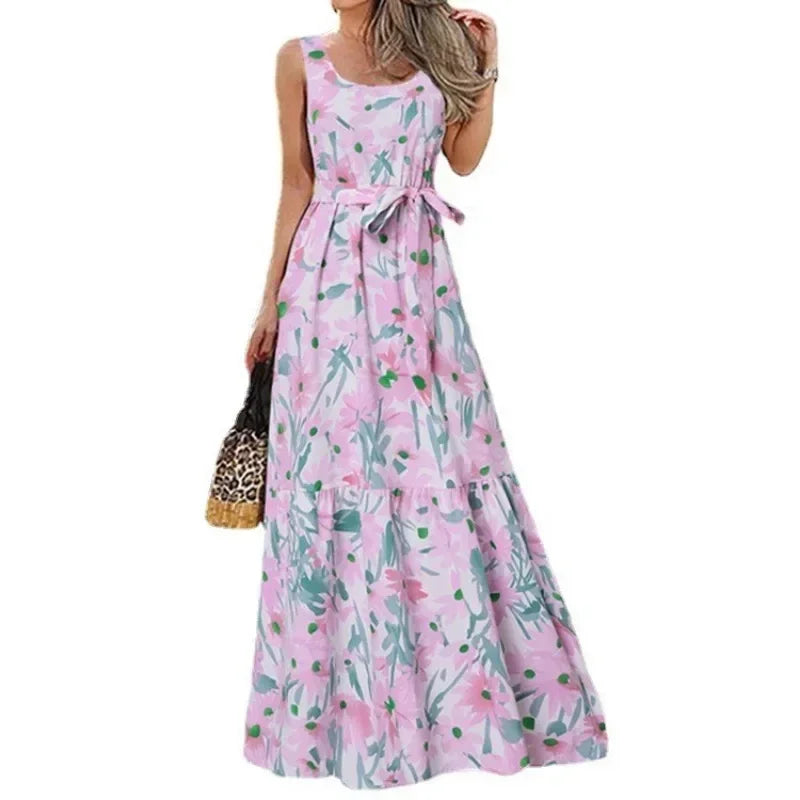 FZ Women's Elegant Square Neck Sleeveless Printed Floor-Length Sun Dress - FZwear