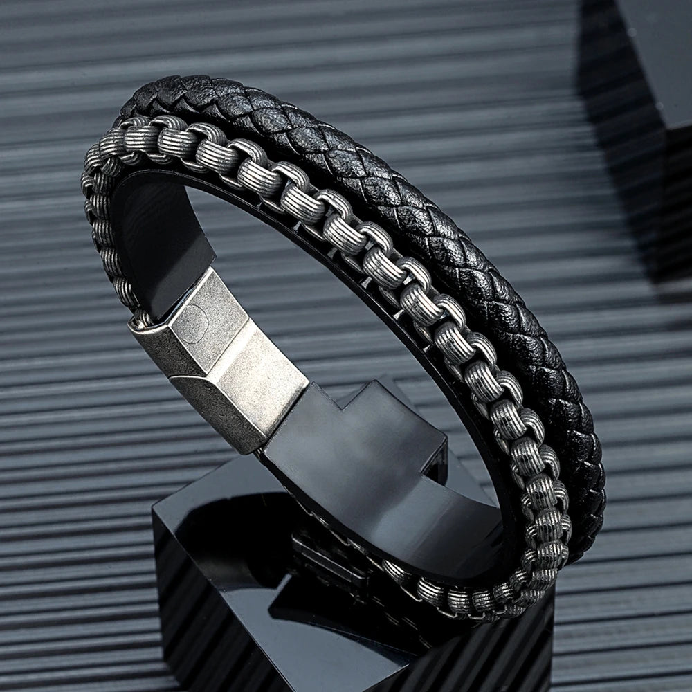 FZ Punk Rock Chain Stainless Steel Magnet Button Leather Bracelet