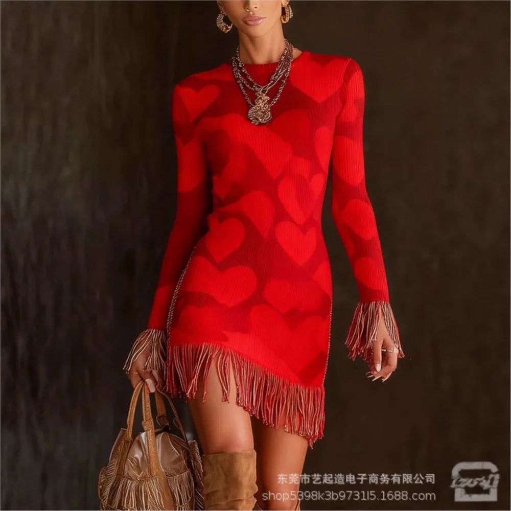 FZ Women's Retro Print Tassel Slim Fit O Neck Mini Knitted Sweater Dress