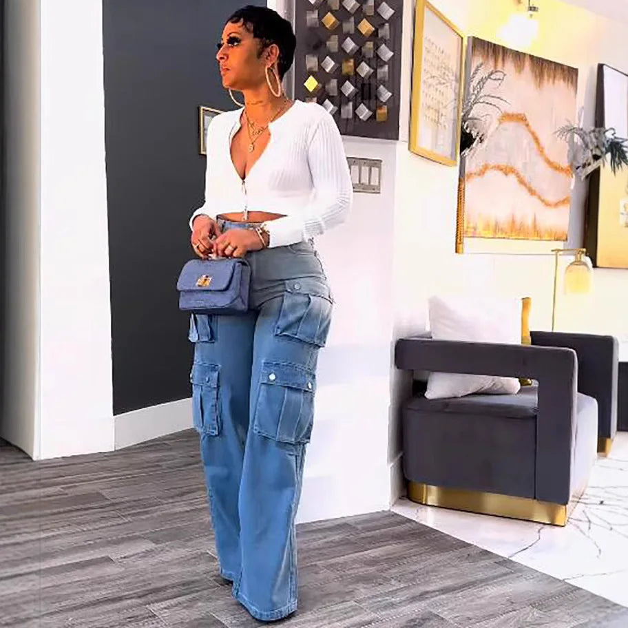 FZ Women's Wide Leg High Waist Straight Streetwear Denim Pants