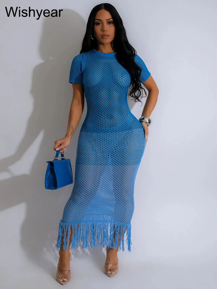 FZ Women's Sexy Crochet Knitted Tassel Hollow Out Sheer Swimwear Cover up - FZwear