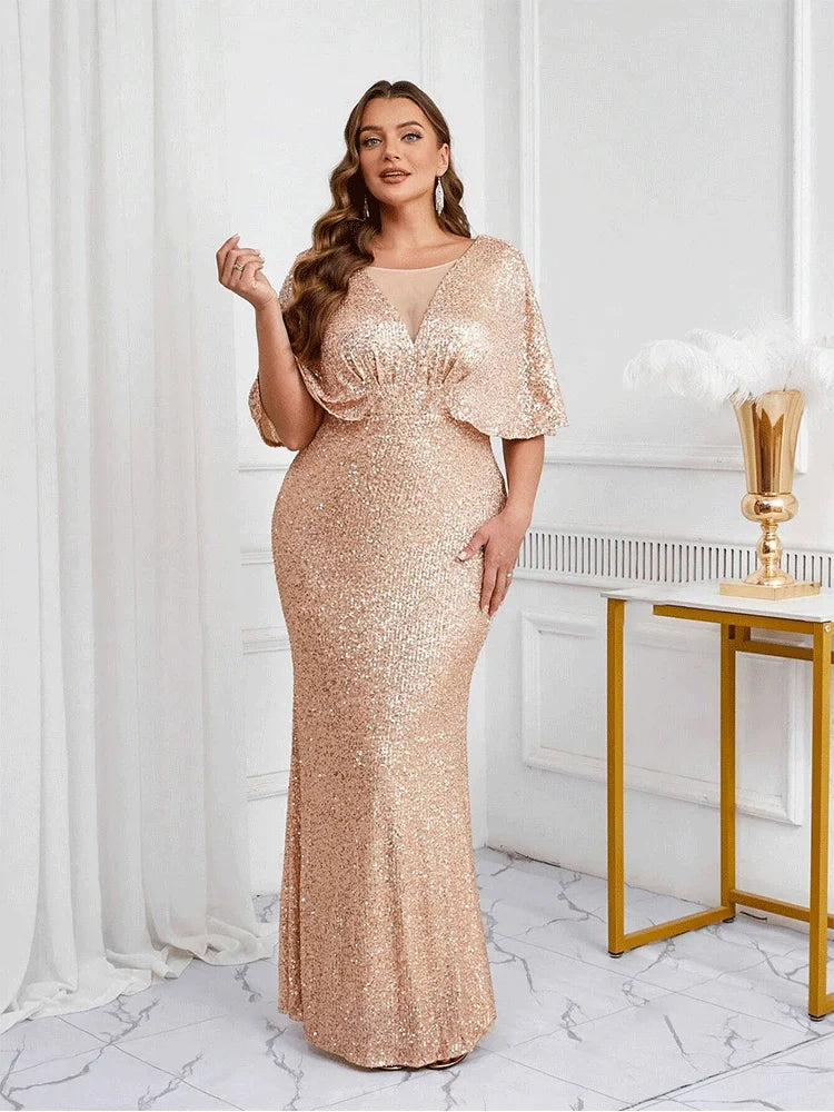 FZ Women's Plus Size V-neck floor-length Half-Sleeve Evening Dress