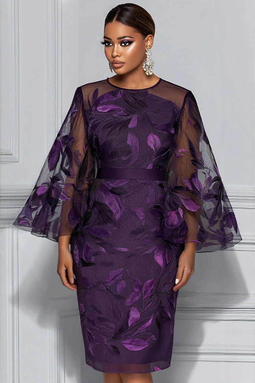 FZ Women's Plus Size Lace Round Neck Flare Long Sleeve Midi Dress