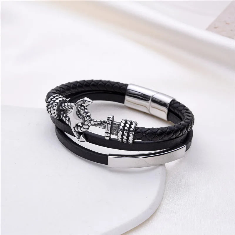 FZ Black Multilayer Leather Stainless Steel Anchor Magnetic Clasp Braided Bracelet - FZwear