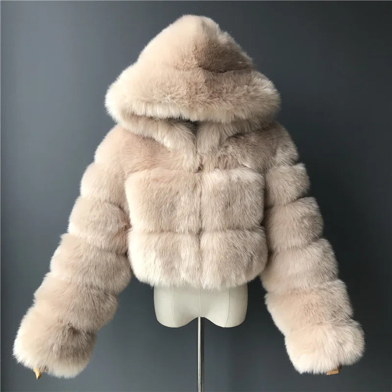 FZ Women's Faux Fur Thick Warm Hooded Open Stitch Short Coat Jacket
