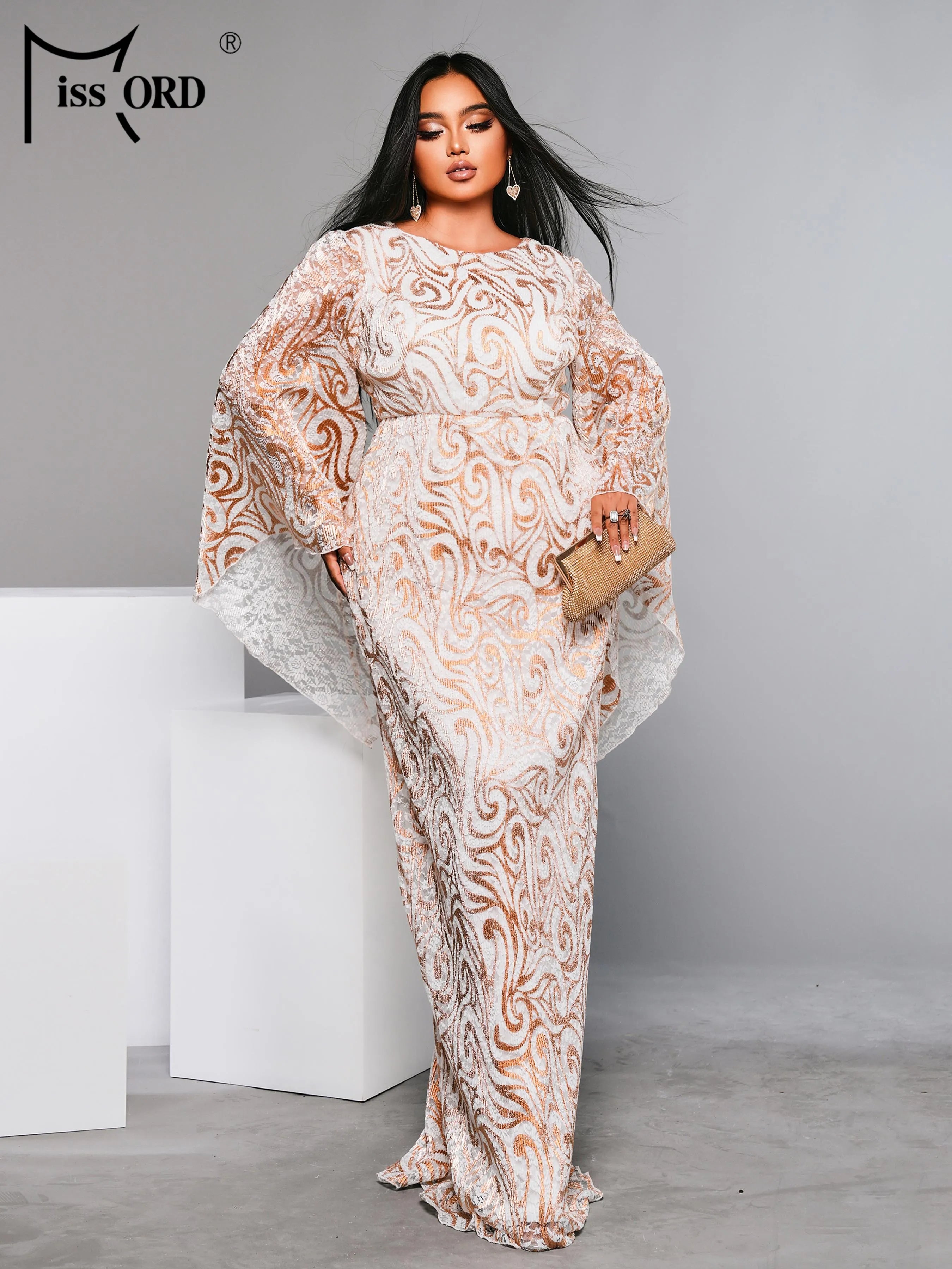 FZ Women's Plus Size Round Neck Flare Sleeve Geometric Sequin Evening Dress