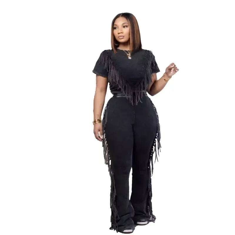 FZ Women's Solid Tassel 2 Piece High Waist Streetwear Flare Pants Suit