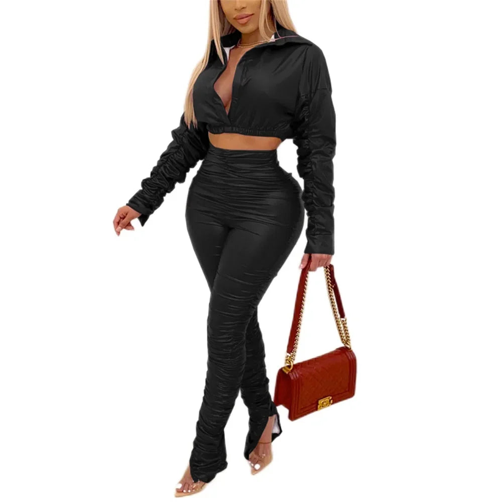 FZ Women's Faux Leather High Waist Two 2 Piece Pants Suit