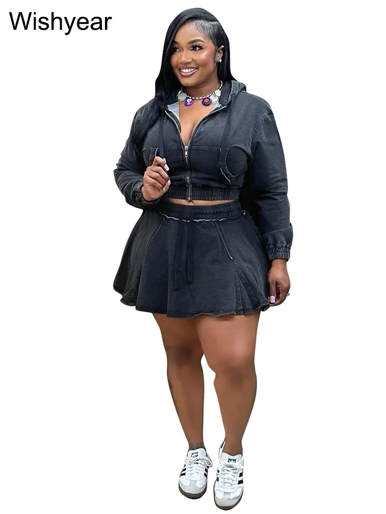 FZ Women's Long Sleeve Hooded Pleated Vintage Wash 2 Piece Denim Skirt Suit