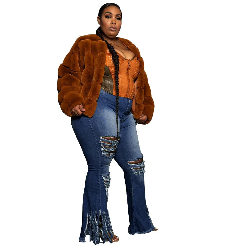 FZ Women's Plus Size Slim Fit Ripped Fringed Flared Denim Pants DSers