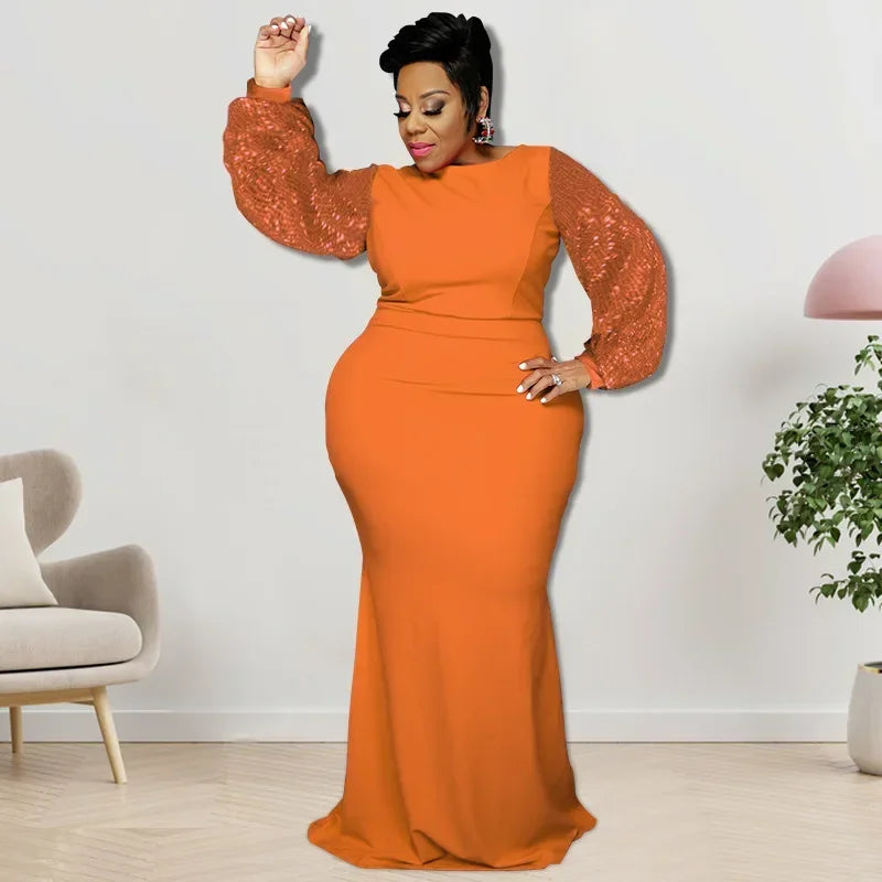 FZ Women's Plus Size Sequin Patchwork Lantern Long Sleeve Maxi Evening Dress