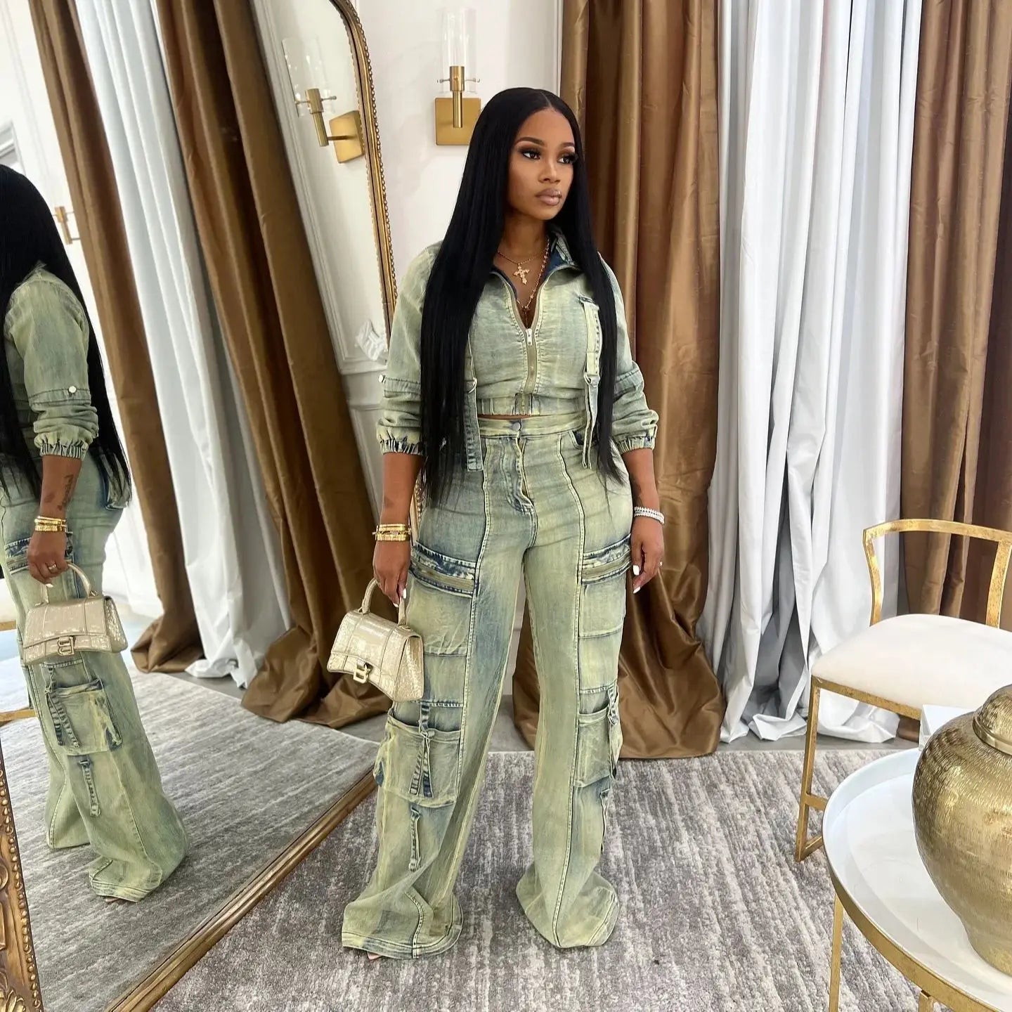 FZ Women's Multi Pockets Cargo Denim Pants Suit