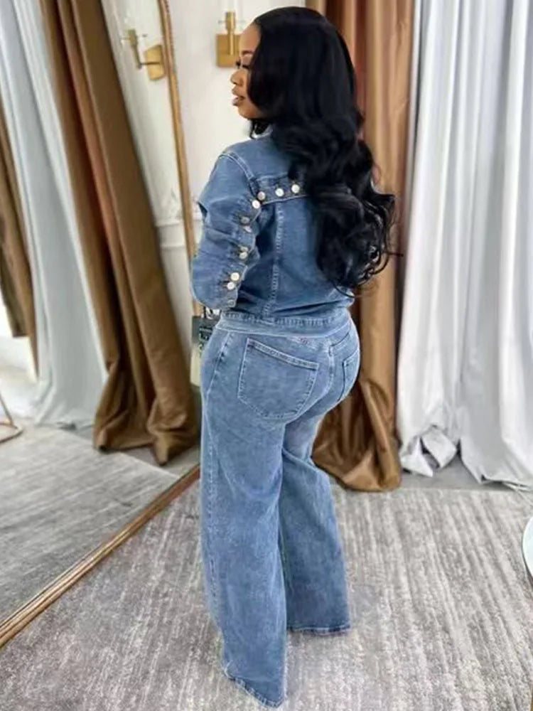 FZ Women's Streetwear Single-breasted Button 2 Piece Wide Leg Denim Pants Suit