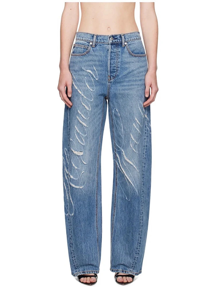 FZ Women's Patchwork Zipper Designer High Waist Loose Wide Leg Denim Pants