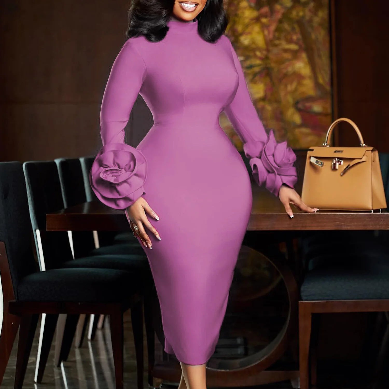 FZ Women's 3D Flower Long Sleeve Half High Collar Dress