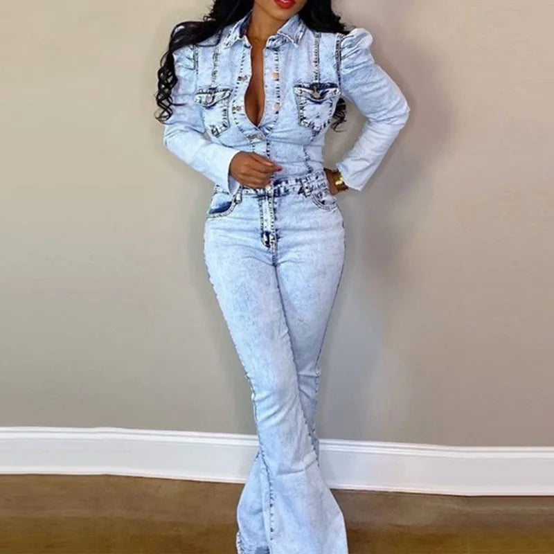 FZ Women's Bleached Washed Mid Waist Single Breasted Vintage Denim Jumpsuit