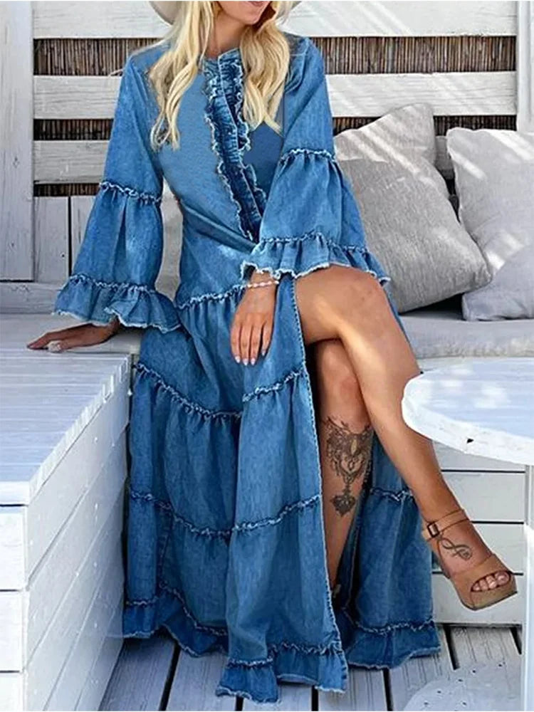 FZ Women's Plus Size Ruffle Split Tiered Flare Sleeve Maxi Denim Dress DSers