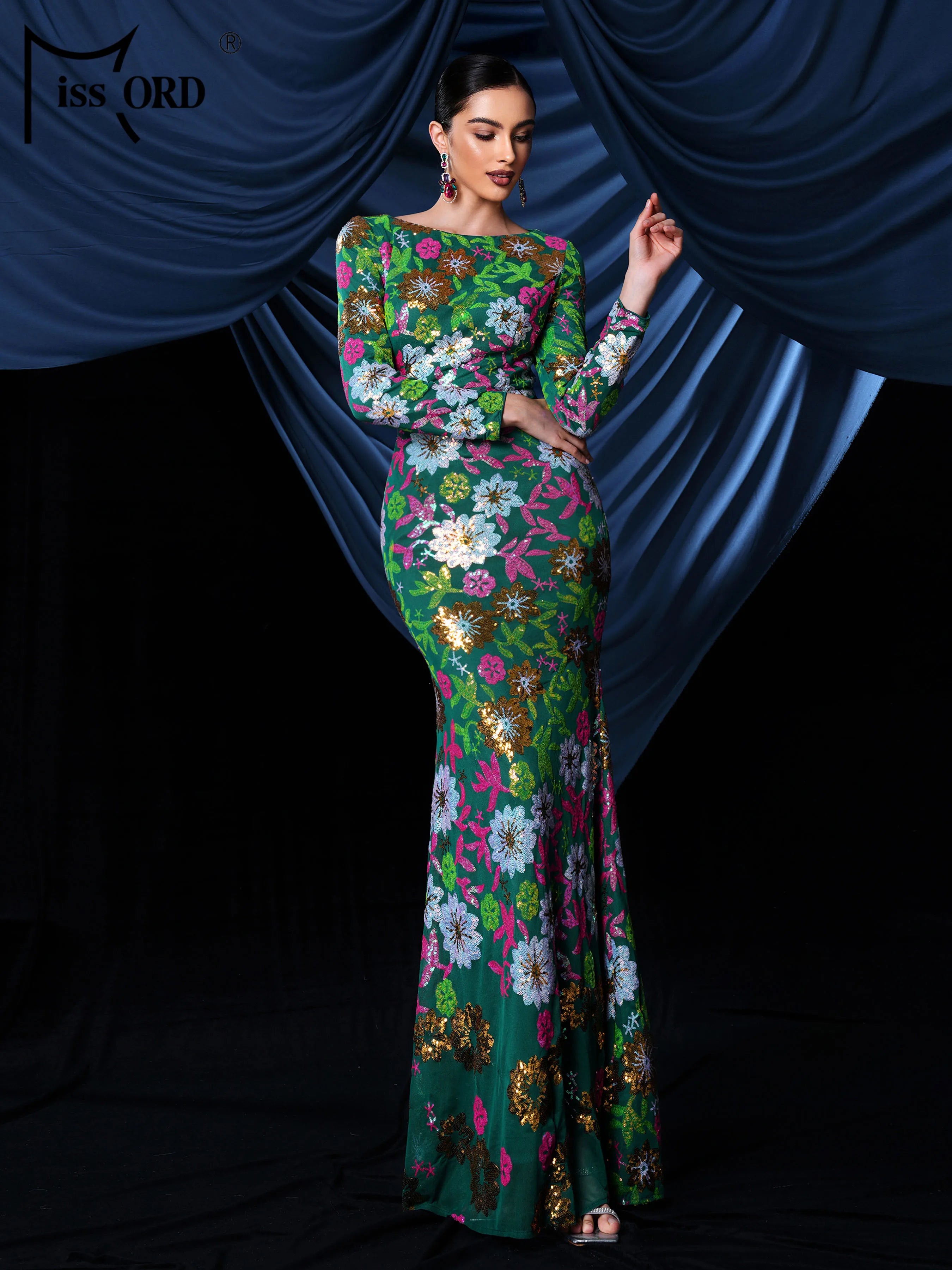 FZ Women's New Round Neck Floral Sequin Mermaid Cocktail Evening Dress