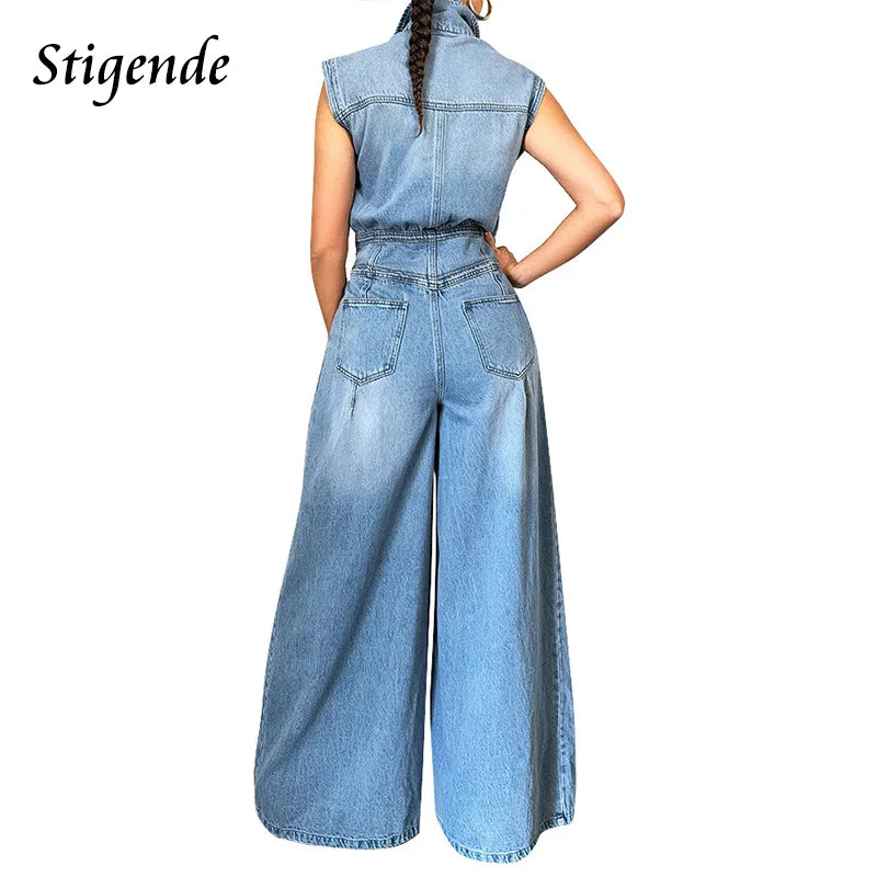 FZ Women's Vintage Loose Denim Wide Leg Pants Jumpsuit - FZwear