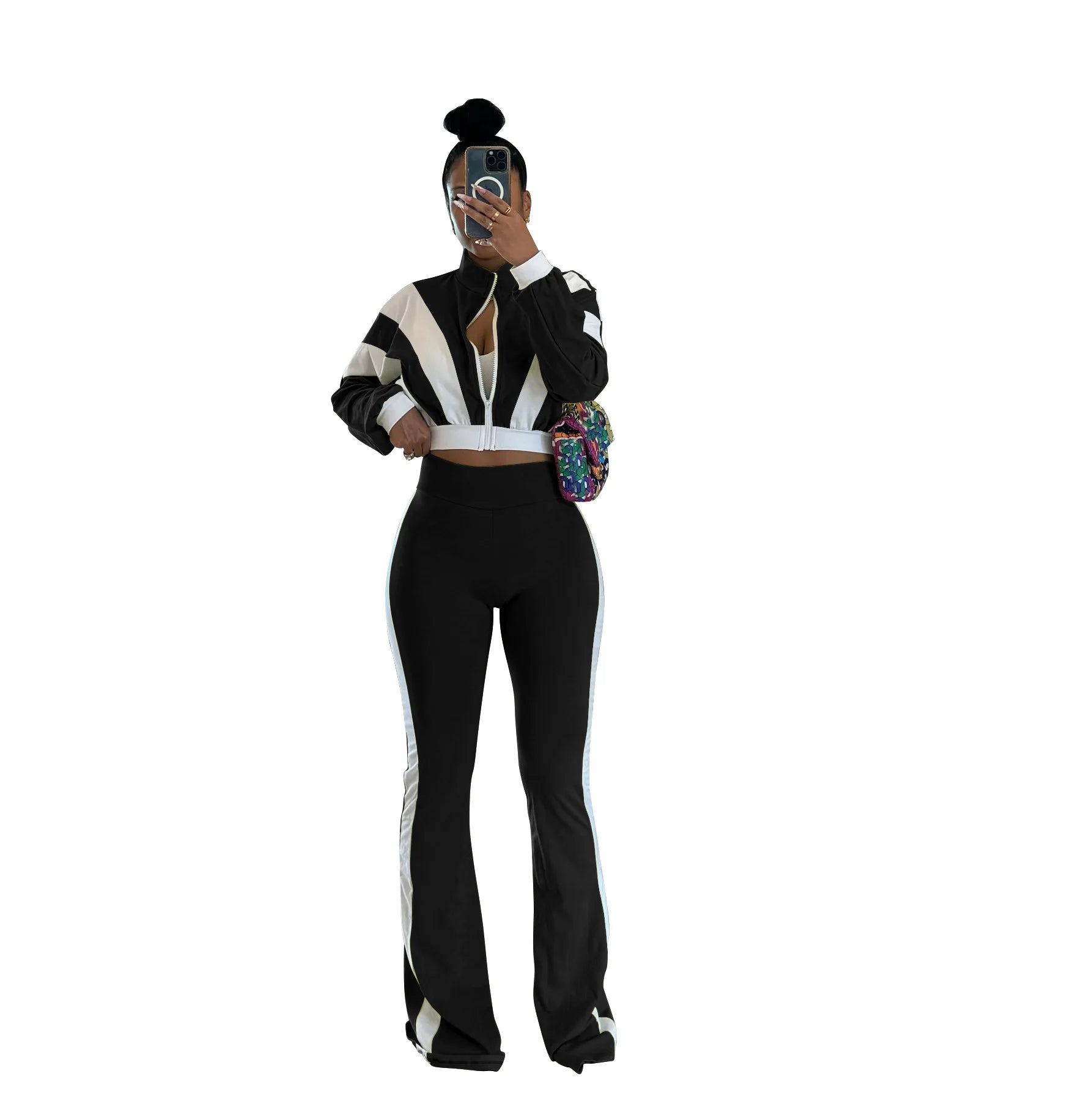 FZ Women's Patchwork Sporty Long Sleeve Wide Leg Pants Suit