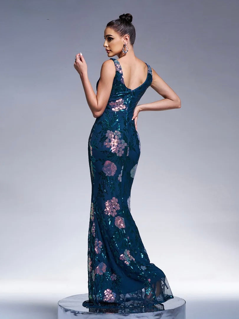 FZ Women's V Neck Sleeveless Sequin Mermaid Evening Dress