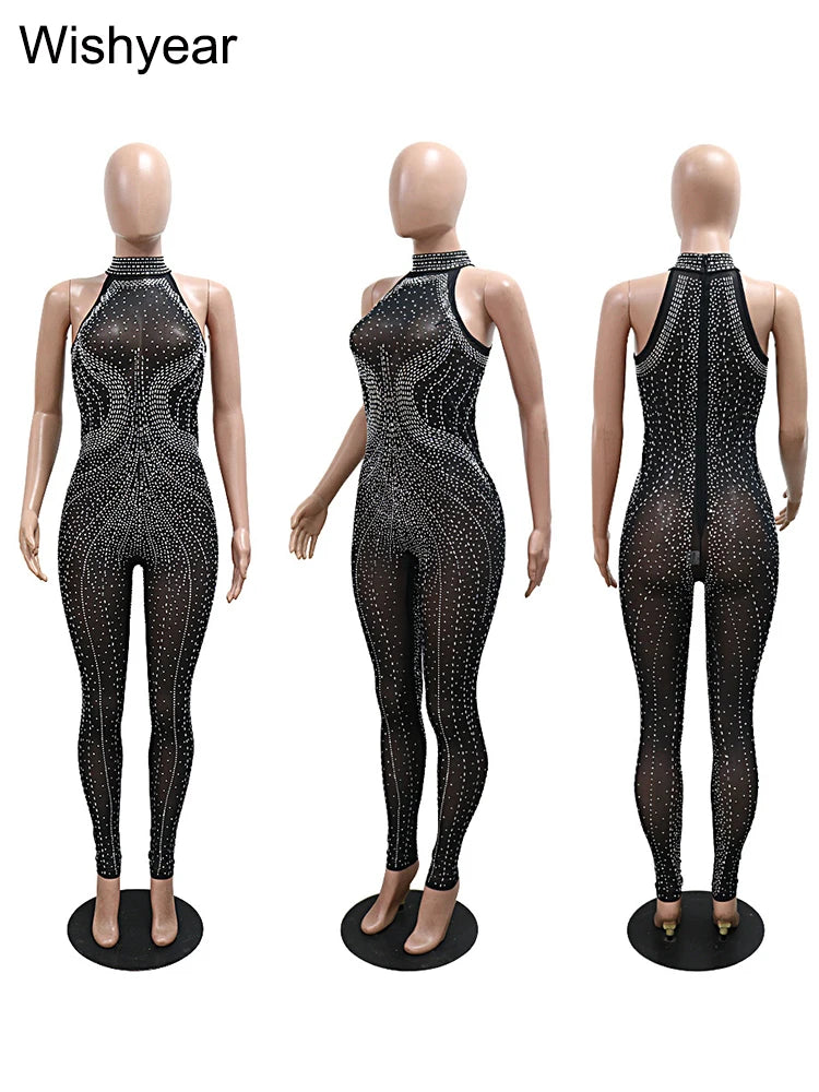 FZ Women's Sleeveless Mesh See Through Rhinestone Jumpsuit