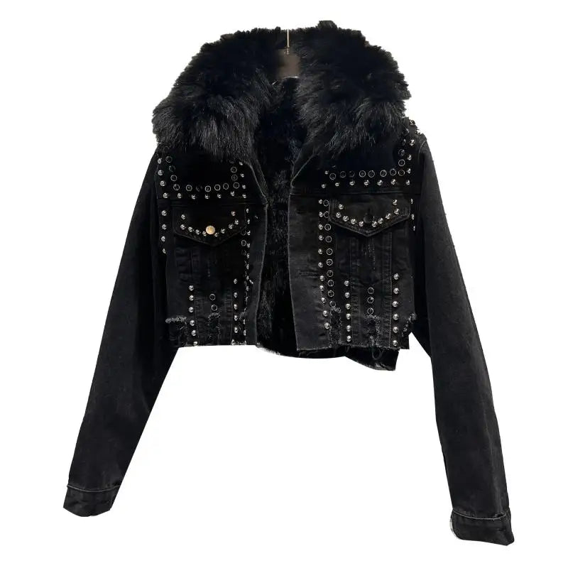 FZ Women's Fried Street Style Fur Collar + Fur Liner Rivet Short Denim Jacket