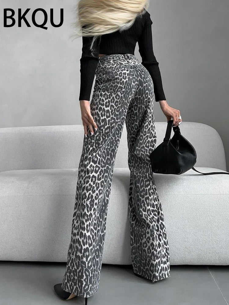 FZWomen's Leopard Print High Waist Wide Leg Denim Pants - FZwear