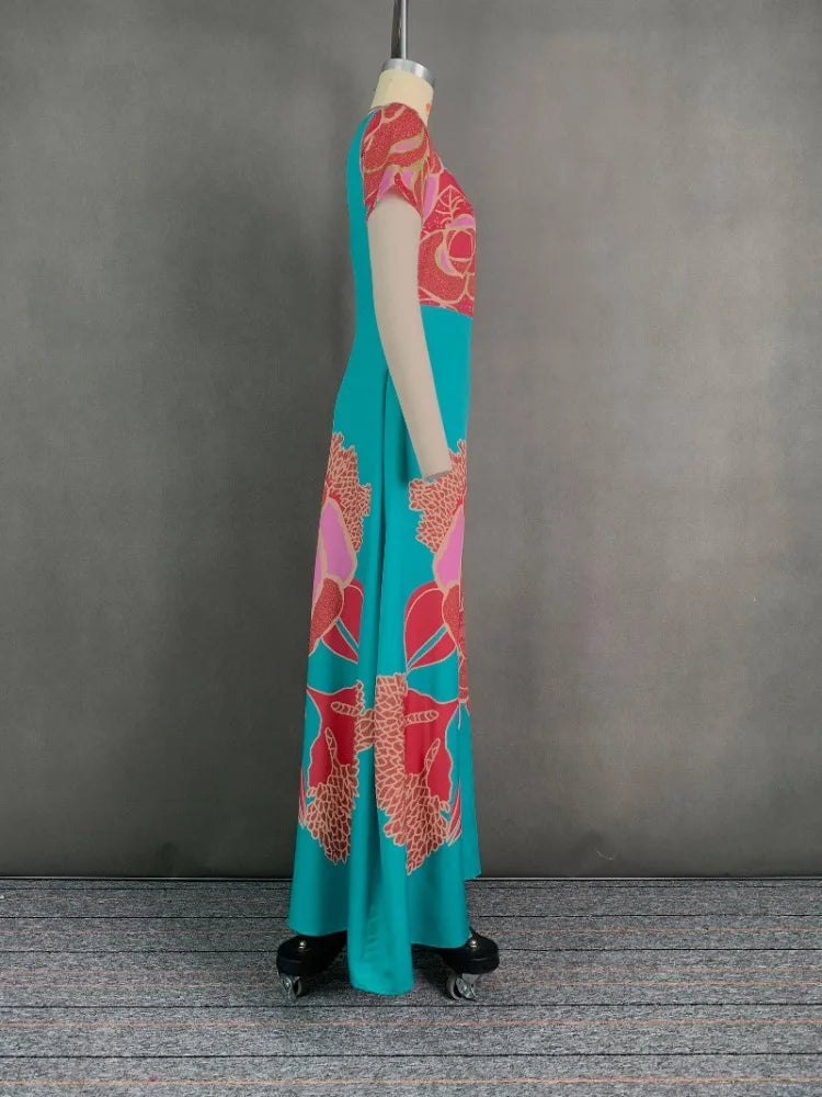 FZ Women's Deep V-neck Short Sleeves High Waist Floral Printed Maxi Dress