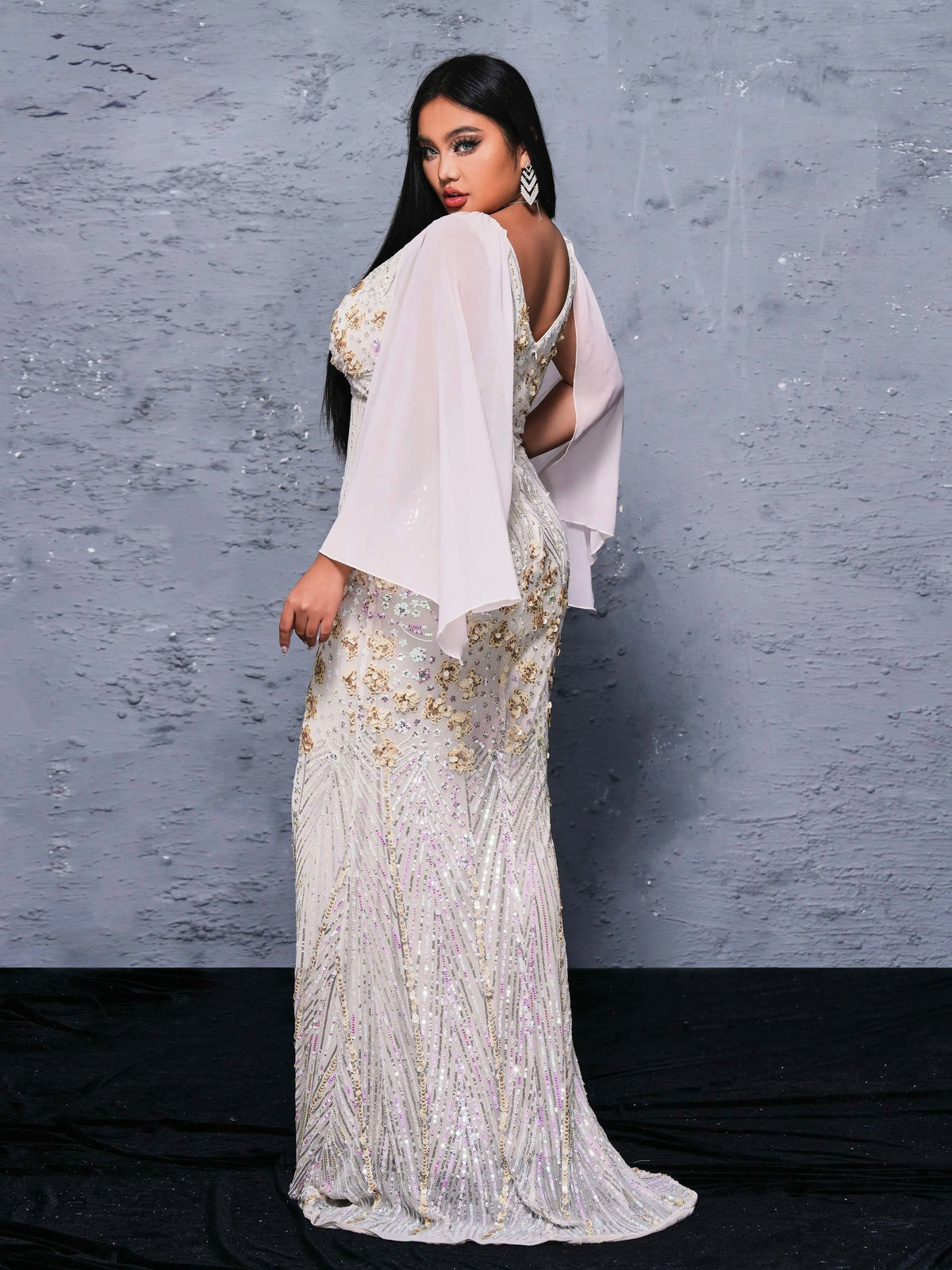 FZ Women's Plus Size V Neck Sequin Mermaid Floor Length Evening Dress