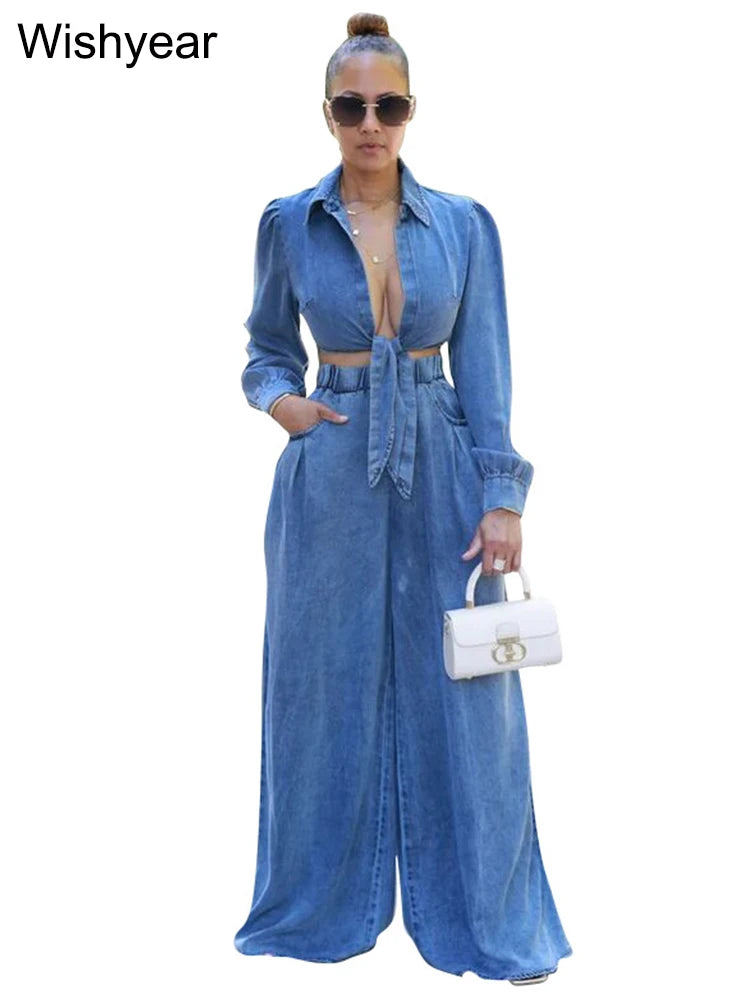 FZ Women's Set Long Sleeve Wide Leg Loose Streetwear 2 Pieces Denim Pants Suit