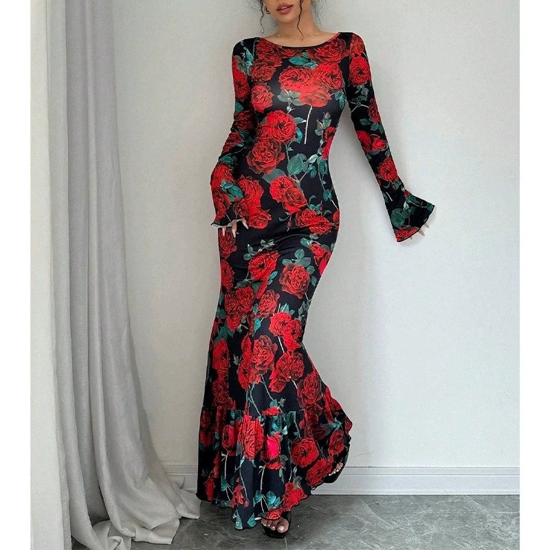 FZ Women's Rose Printed O Neck Long Sleeves Fishtail Maxi Dress