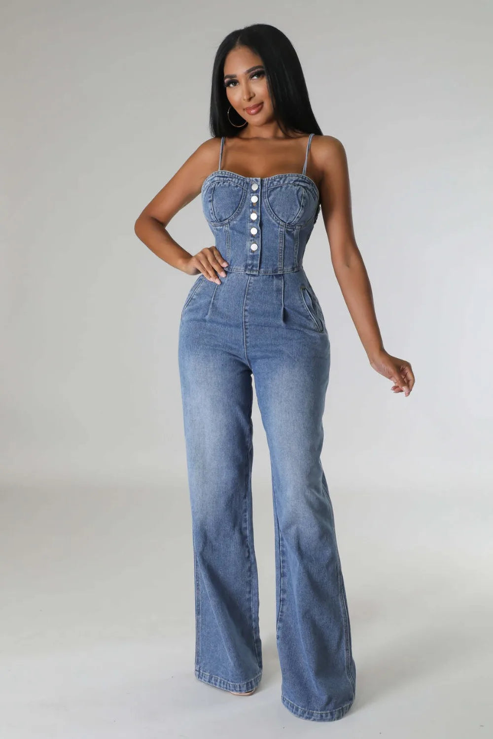 FZ Women's Spaghetti Strap Cotton High Waist Stretch Denim Wide Leg Jumpsuit - FZwear