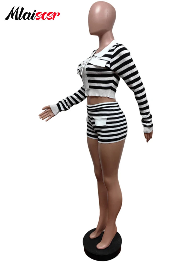 FZ Women's Knitting Black White Striped 2 Pieces Shorts Suit