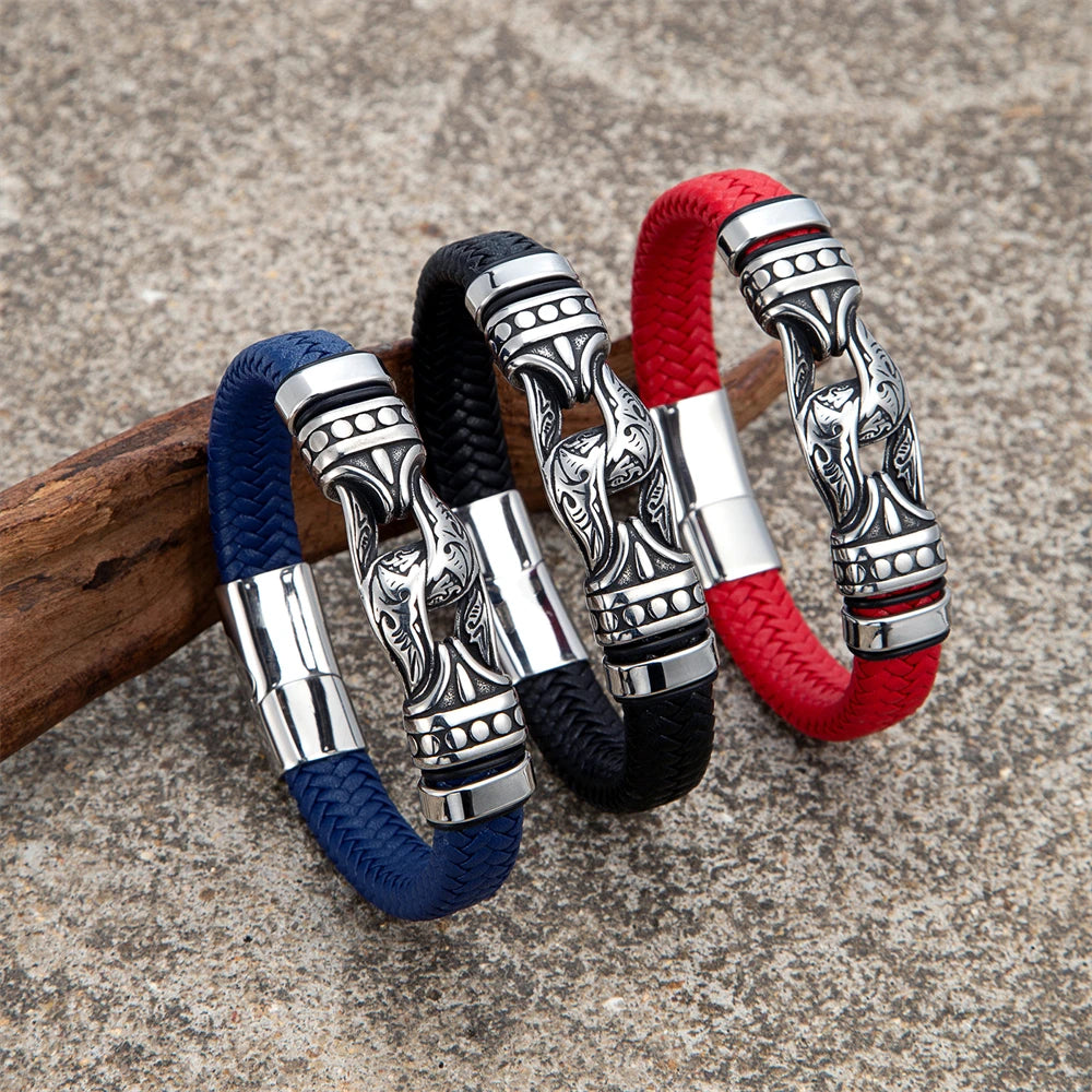 FZ Men's Leather Weaved Stainless Steel Infinity Viking Bracelet