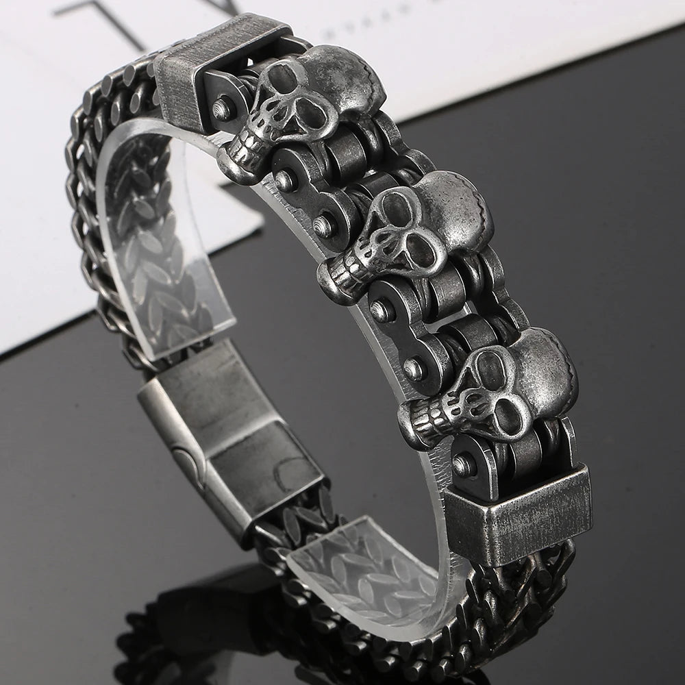 FZ Men's Vintage Black Stainless Steel Steampunk Skull Head Bracelet