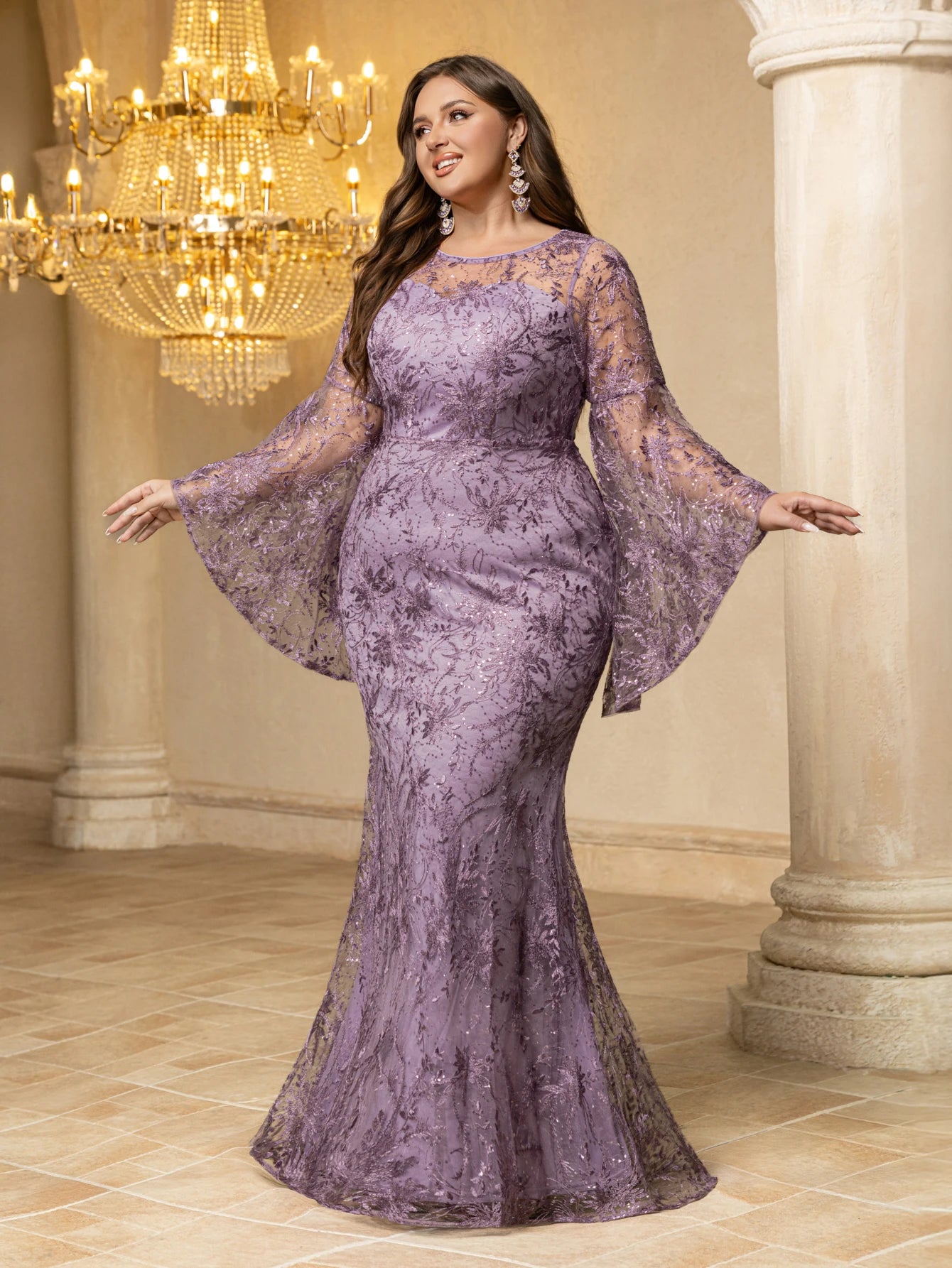 FZ Women's Plus Size Mesh & Embroidery Splicing, Flared Sleeves Evening Dress