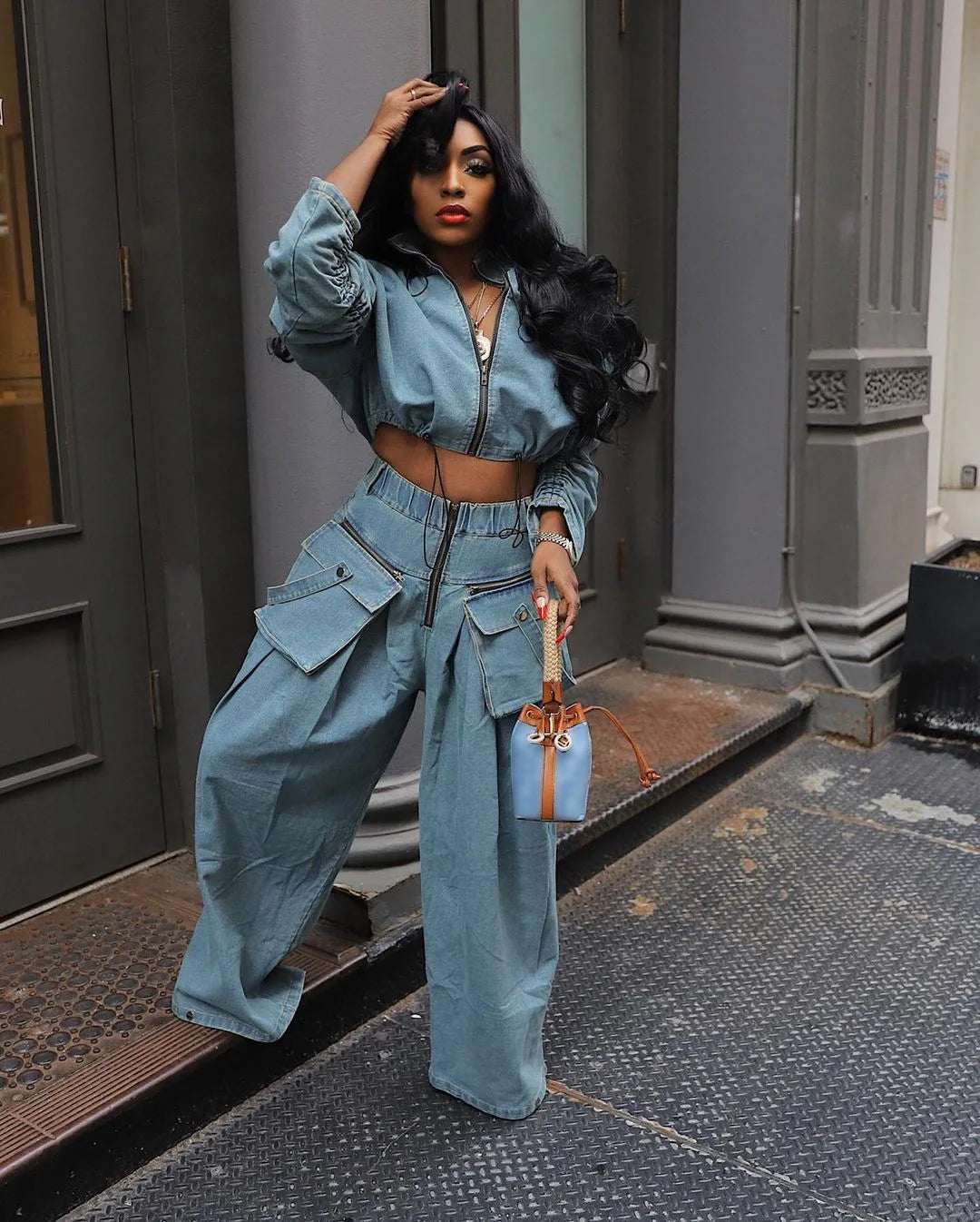 FZ Women's Ruched Long Sleeve Loose 2 Piece Denim Pants Suit - FZwear