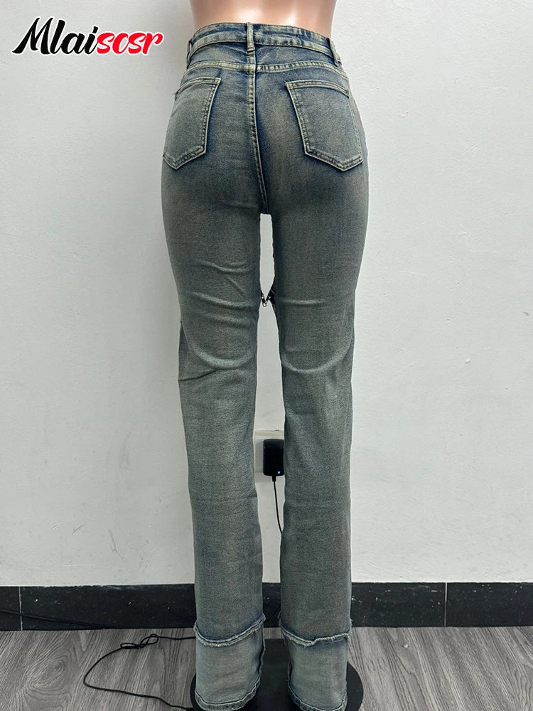 FZ Women's Streetwear Patchwork High Waist Button Fly Slim Denim Pants