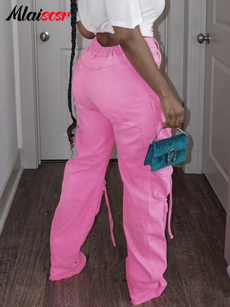 FZ Women's Multi Pockets Wide Legs Washed Street Vintage Denim Pants