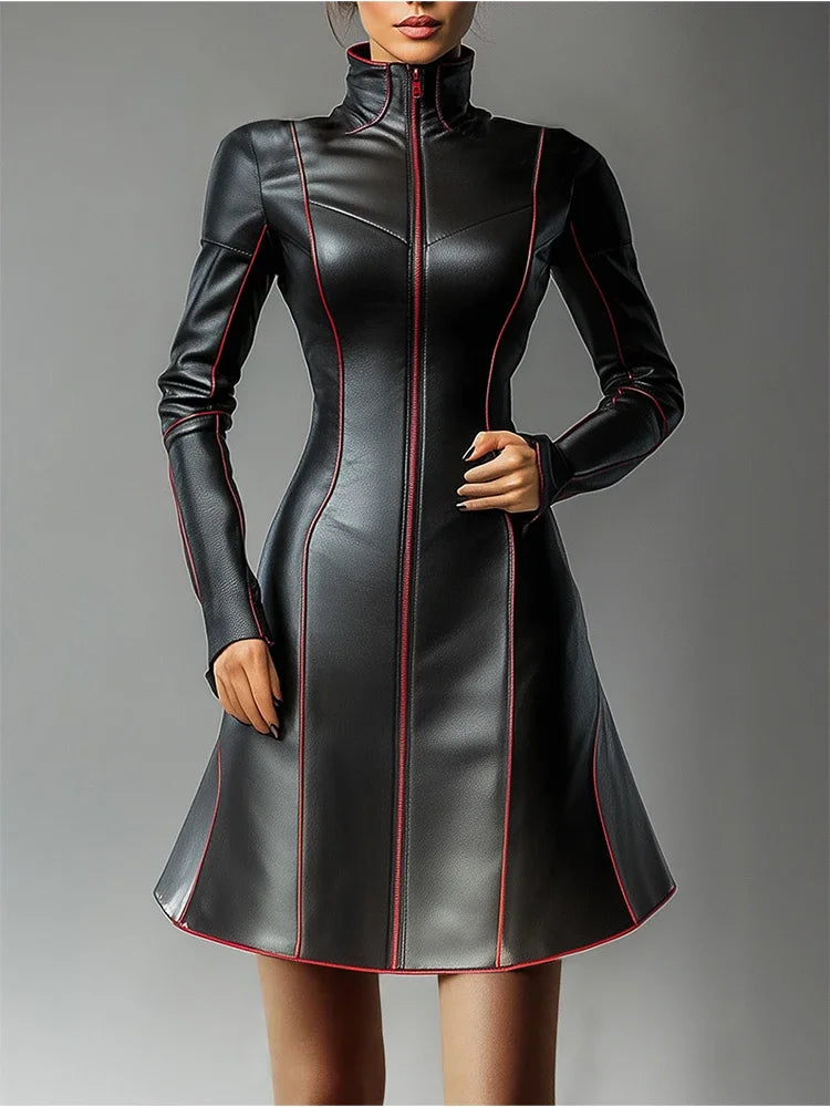 FZ Women's Pleated A-Line Vintage Casual High Street PU Leather Dress