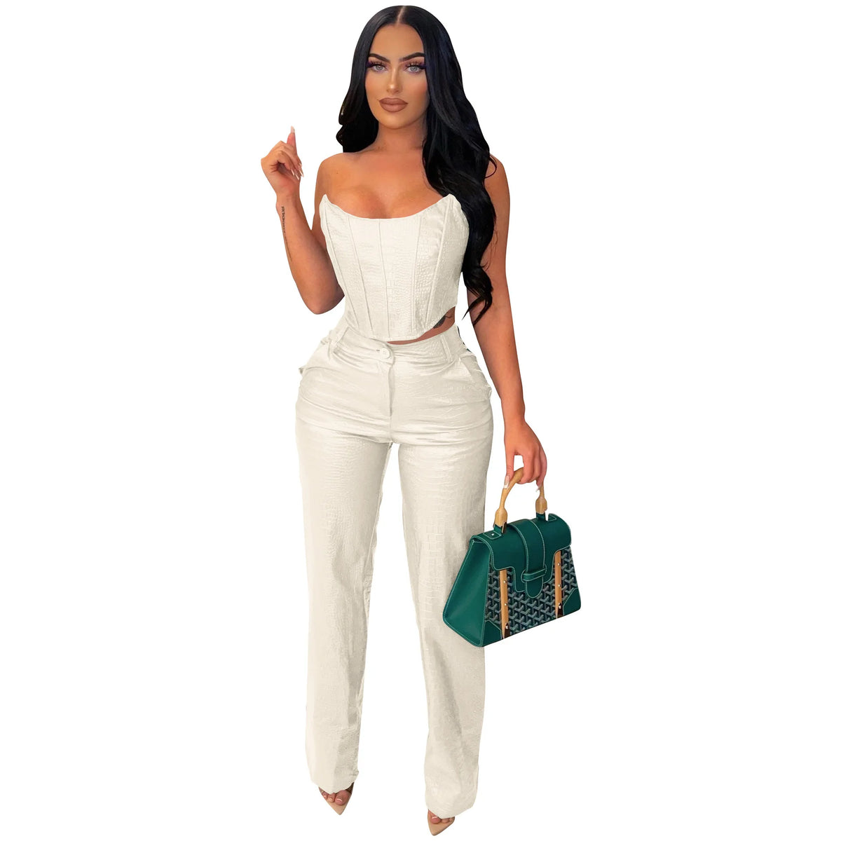 FZ Women's Cut-Out Sexy Sleeveless PU Leather 2 Piece Pants Suit