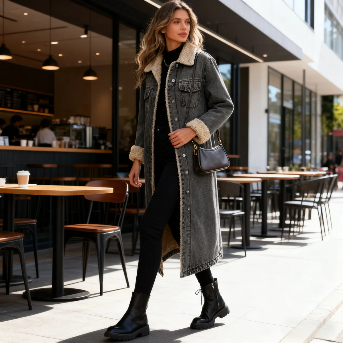 FZ Women's Faux Fur Mid Length Thick Coat Denim Jacket
