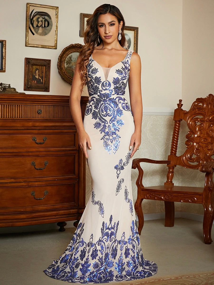 FZ Women's Sequin V-neck Sleeveless Maxi Mermaid Evening Dress