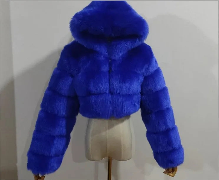 FZ Women's Faux Fur Thick Warm Hooded Open Stitch Short Coat Jacket