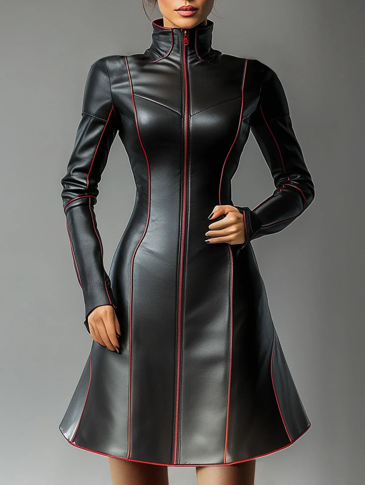 FZ Women's Pleated A-Line Vintage Casual High Street PU Leather Dress