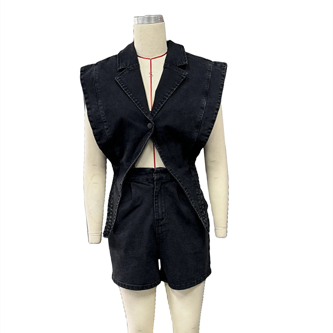 FZ Women's Lapel Sleeveless Hollow Button One Piece Denim Jumpsuit